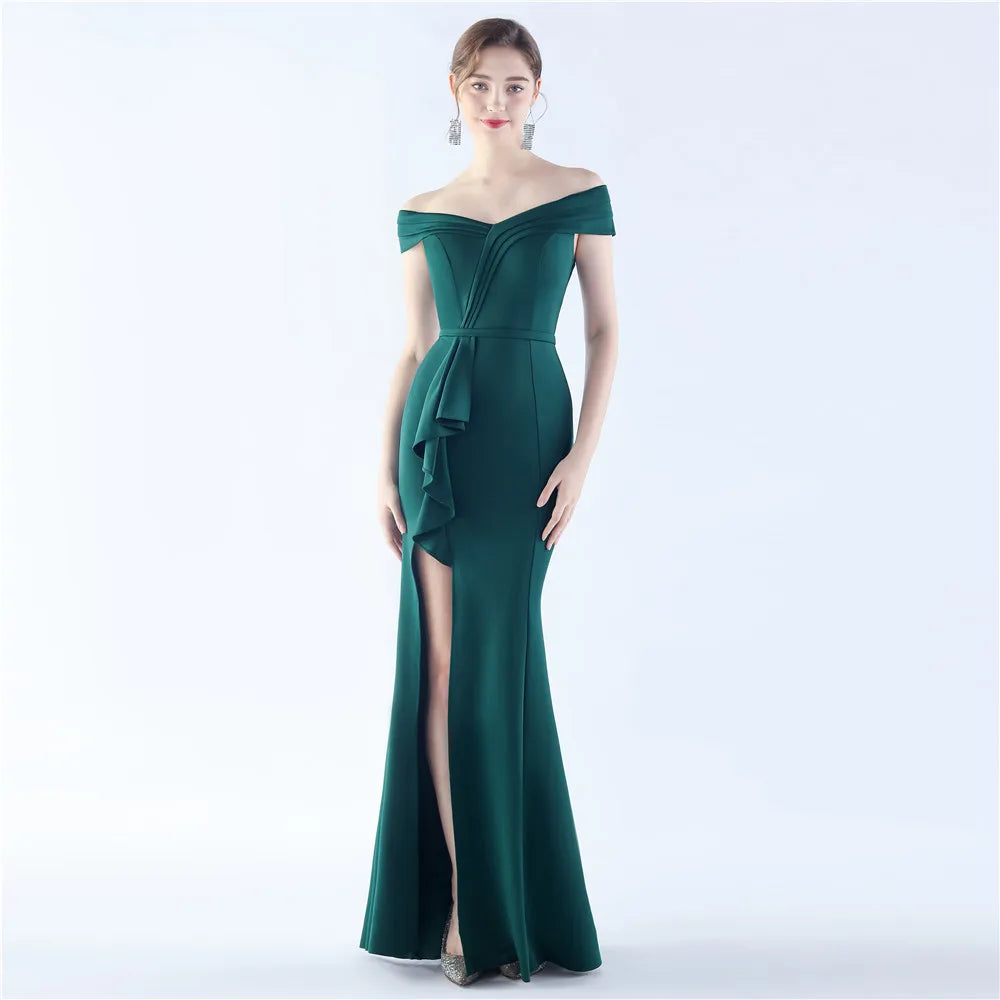 Maxy Evening Dresses Navy Blue Stretchy Off the Shoulder Ruffles Zipper Back Mermaid Slit Floor Length Women Party Formal Gowns YE038