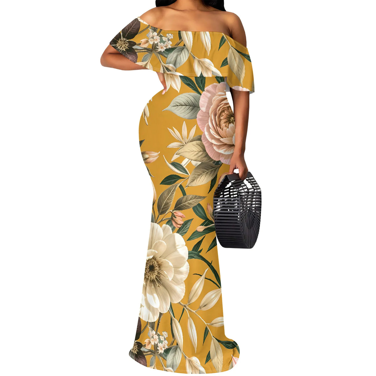 Maxy Pink Floral Print Off Shoulder Ruffle Dress Women Slim Fit Elegant Summer Party Dress