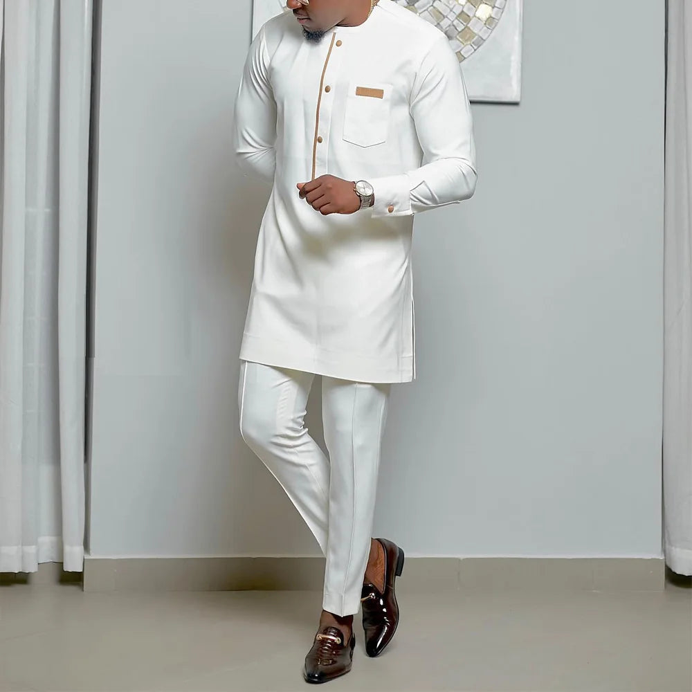 Amay Men Two Piece Outfit Set Long Sleeve Solid Color Panel Top and Pants Festival Party Set Ethnic Style Men's Suit