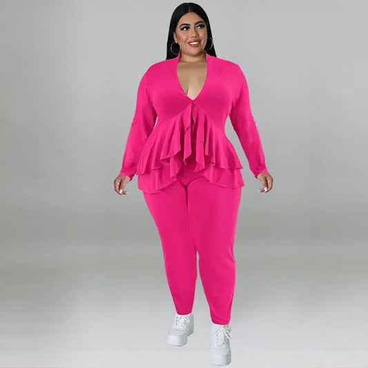 Amay Plus Size Women Set Fashion Ladies Ruffles Hem V-neck T-shirt and Legging Pants Suit Spring Female Two 2 Piece Set Outfit