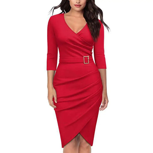 Maxy Formal Dress Women Summer Solid Color 3/4 Sleeve Elegant Dress High Waist Belted Irregular Pencil Dress Red