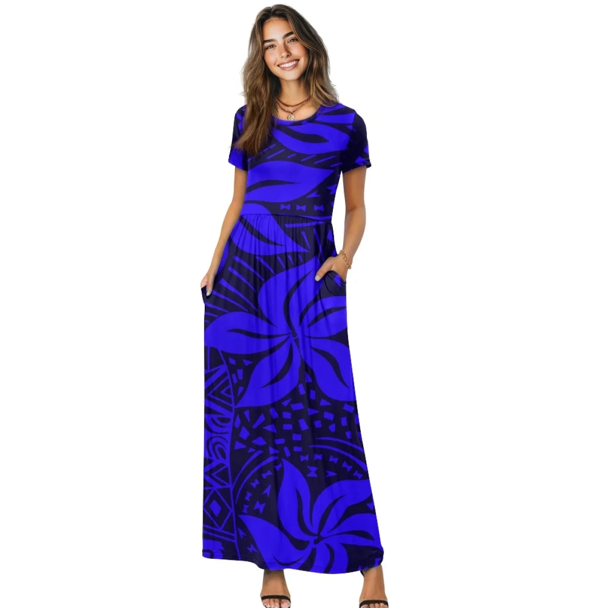 Maxy New Plumeria Style Short Sleeve Pleated Casual Dress Polynesian Loose Pocket Long Dress Women's Casual Comfortable