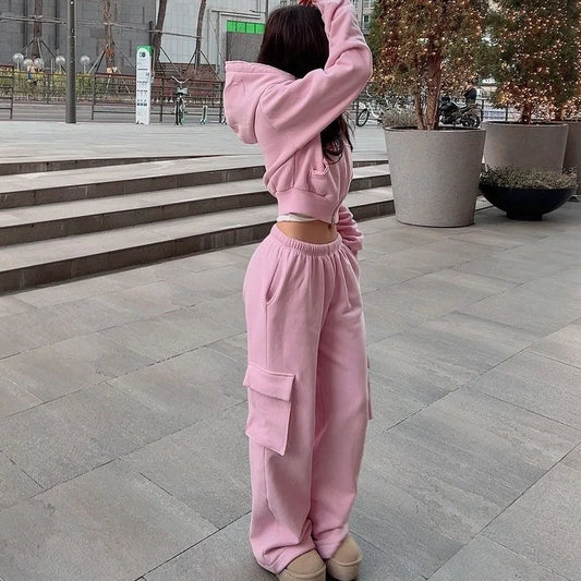 Maxy Zipper Hoodie with Wide Leg Pant Two Piece Set for Women Casual Hooded Sweatshirt Tracksuits Sporty Pants Outfit 2 Piece Suits