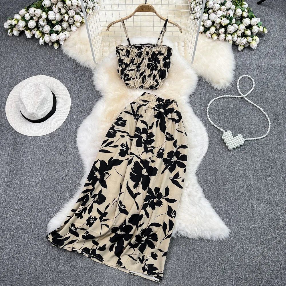 Maxy Summer Floral Print Two Pieces Set Women Fashion Elegant Casual Fold Sleeveless Tops And Long Skirt Sexy Slim 2 Piece Sets