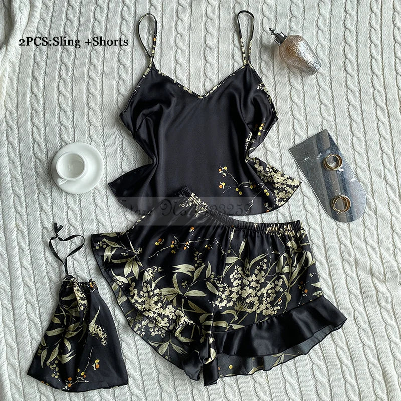 Max Four Pieces Pajamas Set Printed Little Cherry Sleepwear Women Satin Nightgown With Suspender Sling Shorts Summer Home Clothes