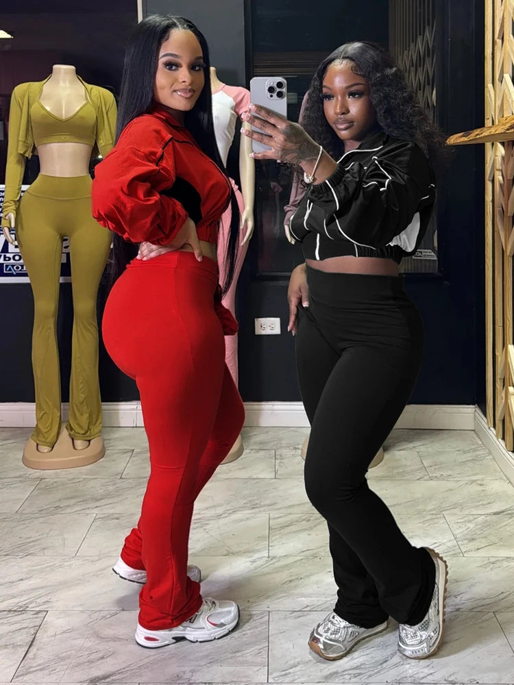 Maxy Trendy Women Clothes Contrast Color Tracksuit Zip Crop Jacket and High Waist Flare Pants Suit Sports Gym 2 Two Piece Set