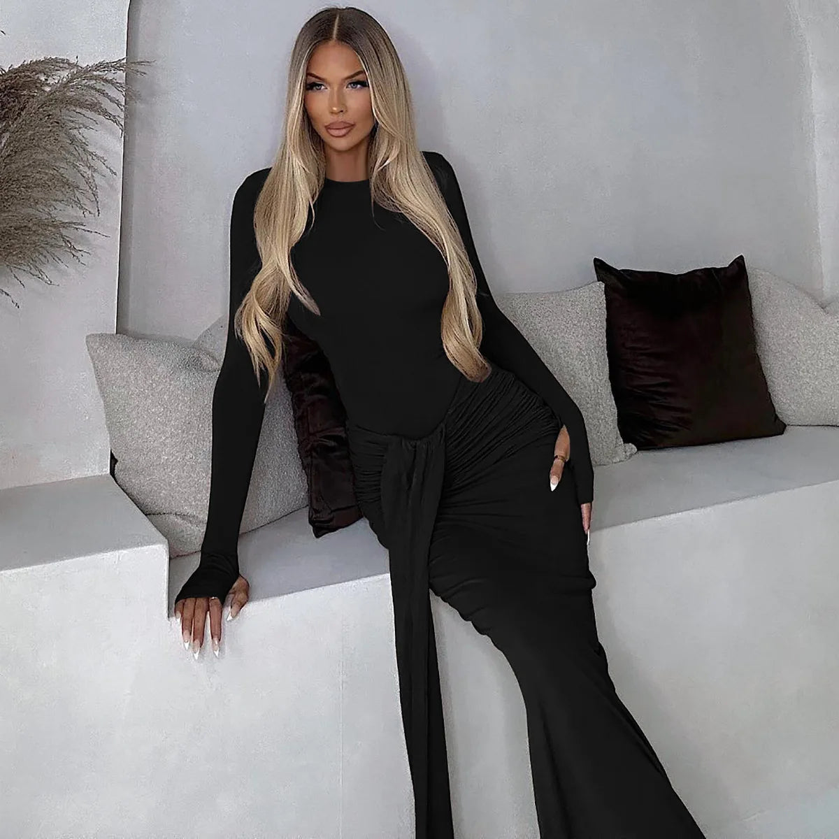 Maxy Fashion Woman Full Sleeve Bodycon Folds Long Maxy Dress Evening Party Outfit Office Lady Elegant Bandage Formal Occasion Dresses