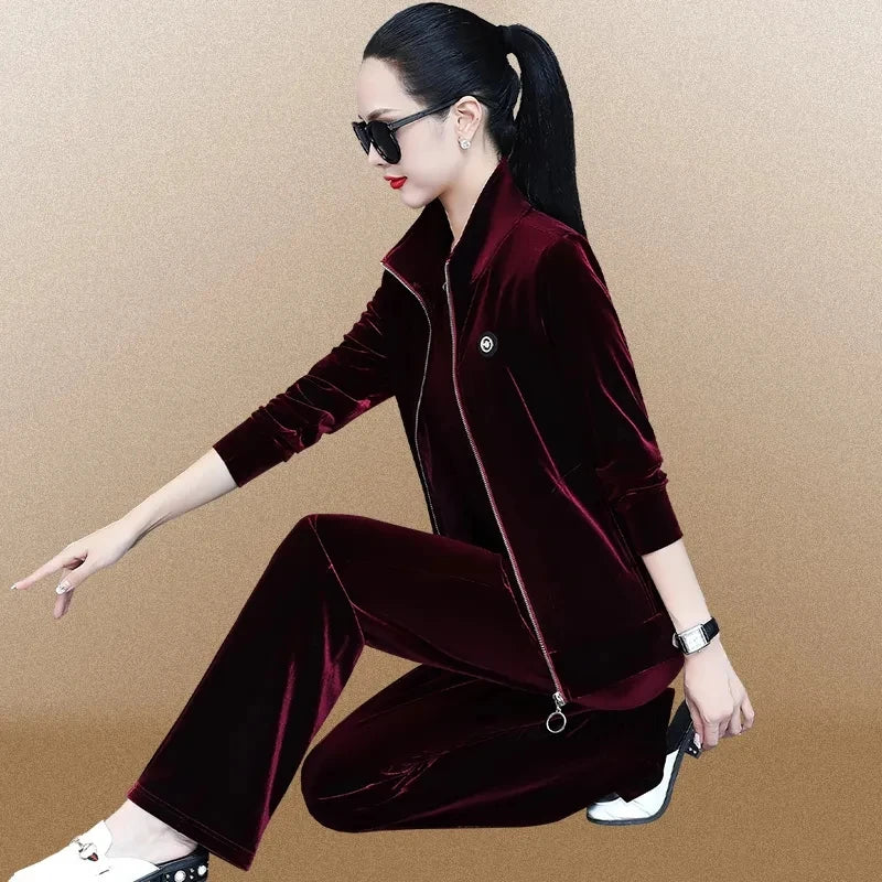 Maxy Leisure Sports Suits Women Spring Autumn New Fashion Sweatshirt Gold Velvet Running Suit Oversize 4XL Loose Three-Piece Set