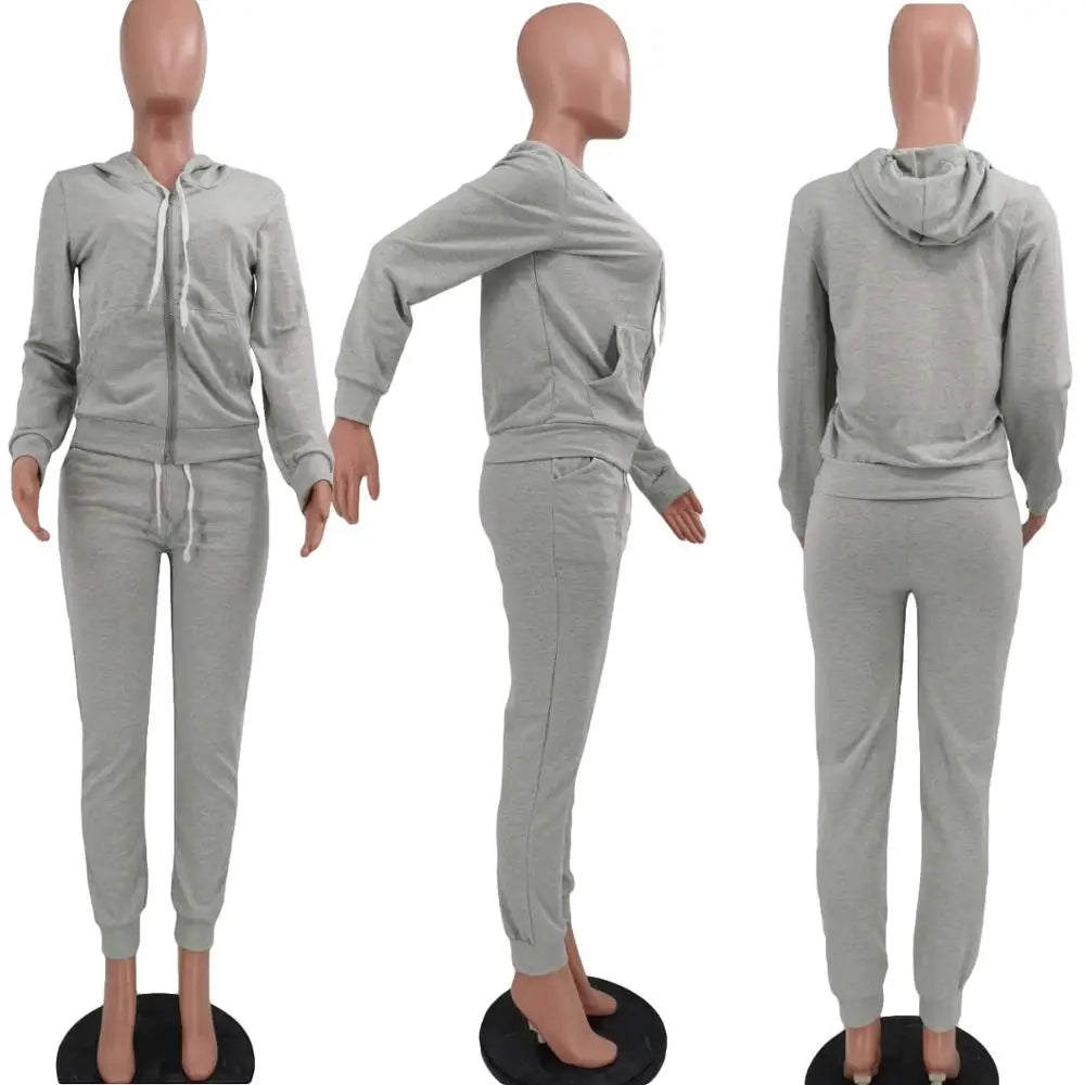 Maxy Fitness Autumn Winter Activewear Two Piece Sets Solid Long Sleeve Drawstring Hodie Sweatshirt Pants Sets Joggers Sport Tracksuit