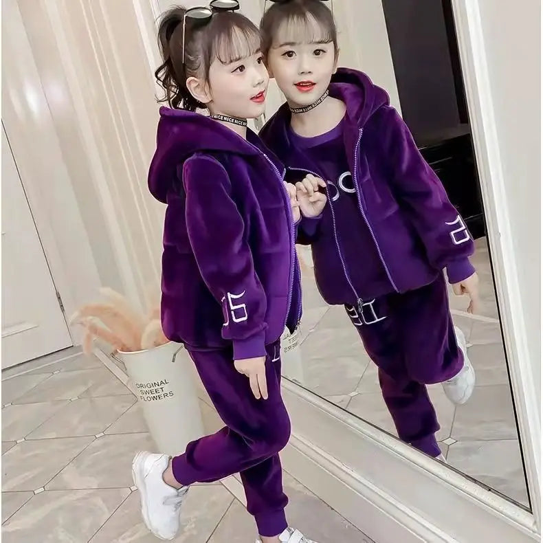 Maxy 2024 Autumn winter girls tracksuit Toddler Teenager Clothes tiger velvet jacket + hoodie + Pant Children set 4 8 9 10 11 12 year