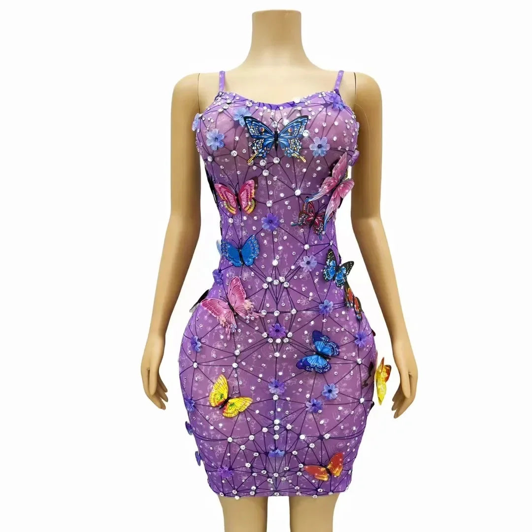 Glitter Babs Summer Dress New Arrival Butterfly Purple Designer Prom Gowns Celebrity Birthday Evening Party Stage Wear