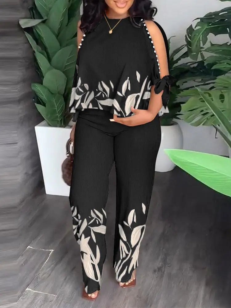 Maxy 2 Piece Sets Women Outfit 2024 Summer Elegant 3/4 Sleeve O-neck Polyester Top Casual Straight Pants African Clothes for Women