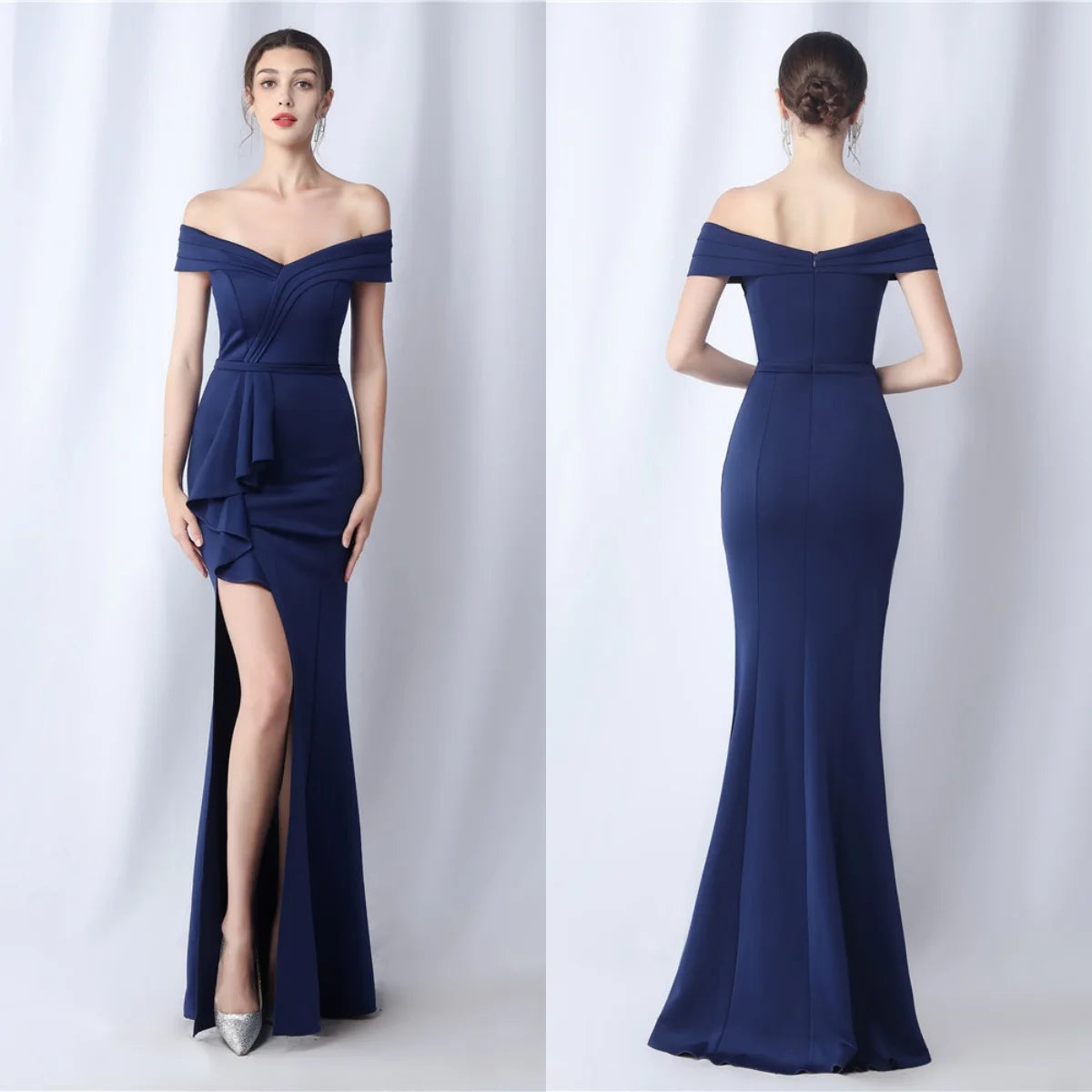 Maxy Evening Dresses Navy Blue Stretchy Off the Shoulder Ruffles Zipper Back Mermaid Slit Floor Length Women Party Formal Gowns YE038