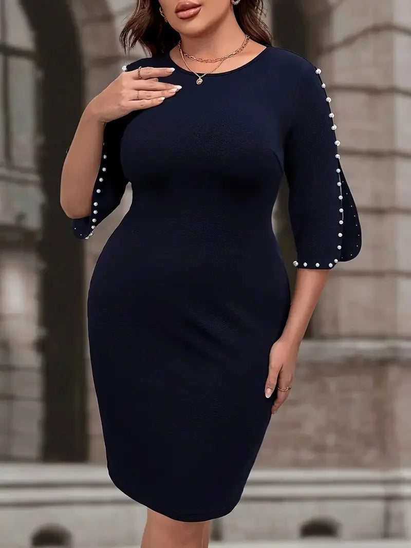 Maxy Plus Size Pearl Beading O-Neck 3/4 Sleeve Dress Women's Spring Summer Elegant Solid Office Ladies Bodycon Short Dresses