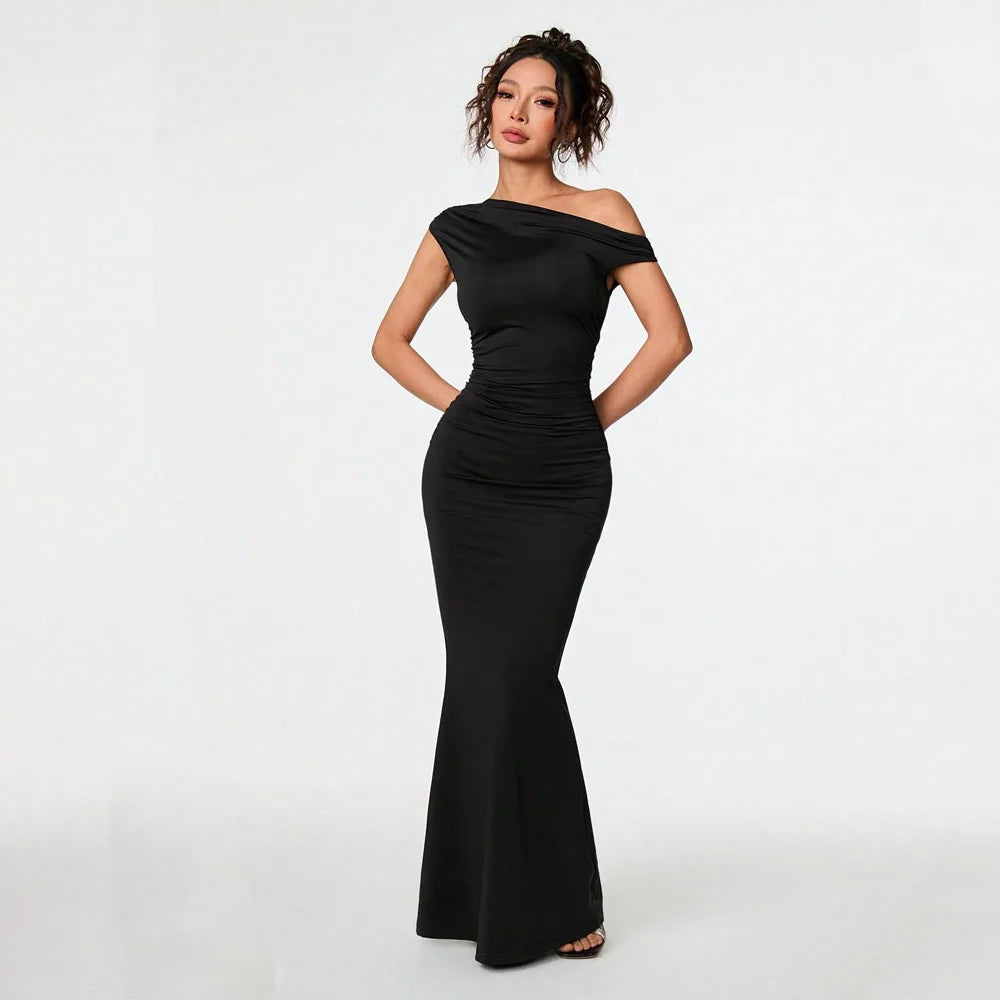 Elegant Black One Shoulder Mermaid Evening Gown Ruched Bodycon Floor Length Formal Party Dresses for Women Wedding Prom Cocktail