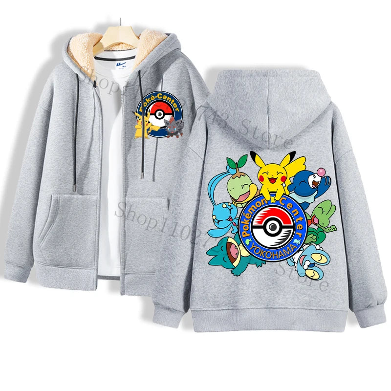 Maxy Pokémon Lamb Wool Coat for Men Women Pikachu Anime Cartoon Fashion Zipper Hooded Jacket Boys Girls Winter Warm Hip Hop Coats