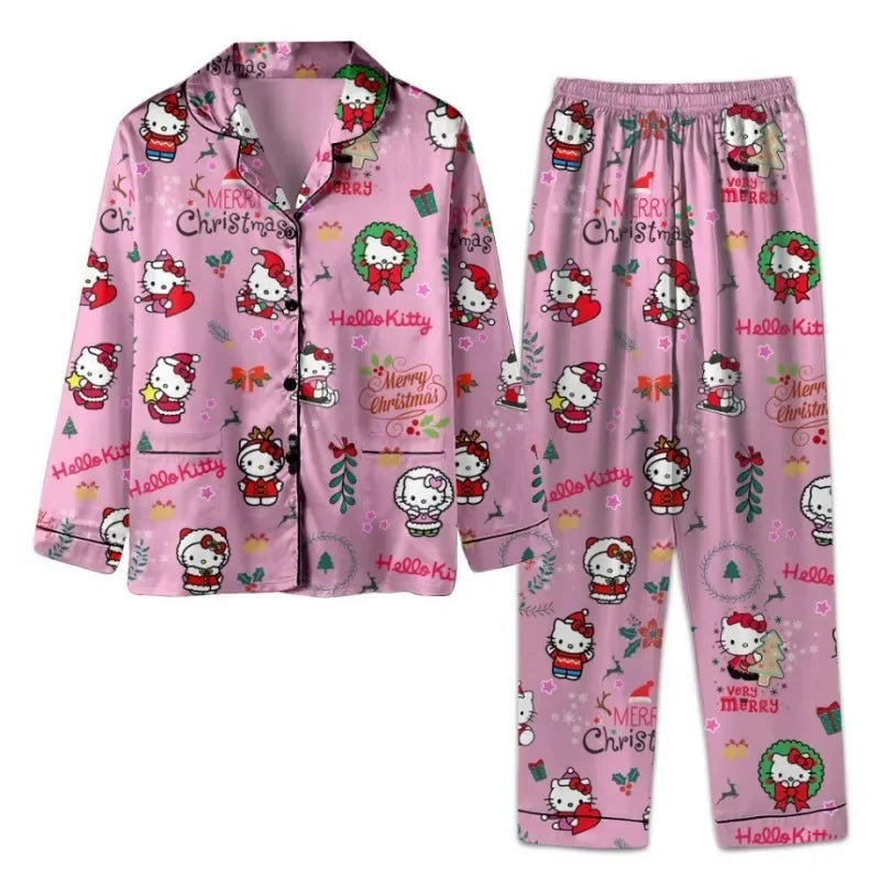 Sanrio Christmas Hello Kitty Casual Pajama Girls Y2k Home Pajamas Set Kawaii Women'S Printed Kt Cat Pants Long Sleeve Gift