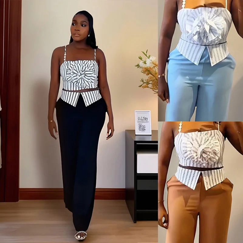 Maxy 2 Piece African Clothes for Women Summer Sexy African Sleeveless Top Long Pant Matching Sets Dashiki African Clothing Outfits