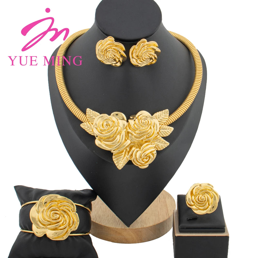 YM Women's Jewelry Set Dubai 18k Gold Plated Flower Pendant Necklace Earrings Luxury Cuff Bangles Adjustable Ring Jewelry Gifts