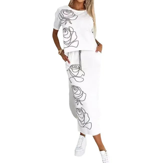 Maxy Fashion Women's New Rose Flower Print Dress Two-piece Set Women's T-shirt Top + Skirt Sui't 2-piece Sets