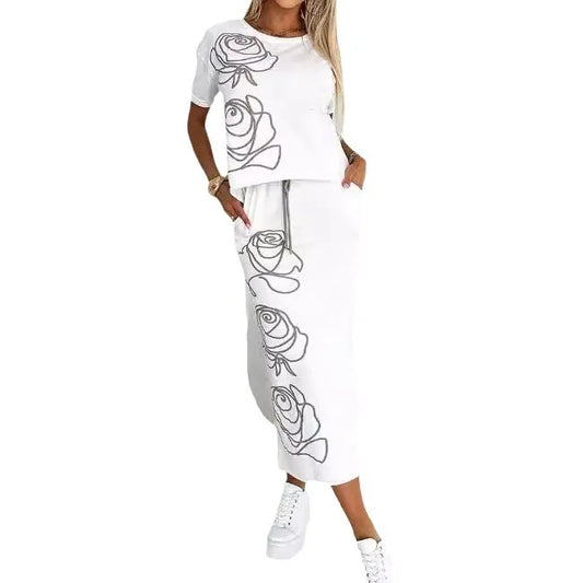 Maxy Fashion Women's New Rose Flower Print Dress Two-piece Set Women's T-shirt Top + Skirt Sui't 2-piece Sets