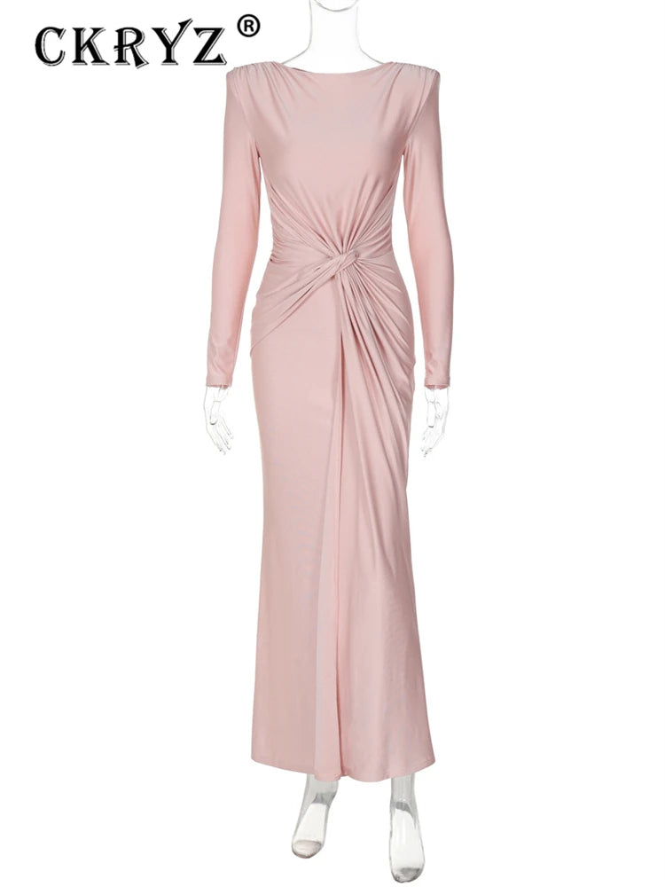 Maxy Ladies Elegant Evening Party Dress Women Long Sleeve O-Neck Ruched Fashion Long Dresses Woman Night Club Streetwear Fall Outfit