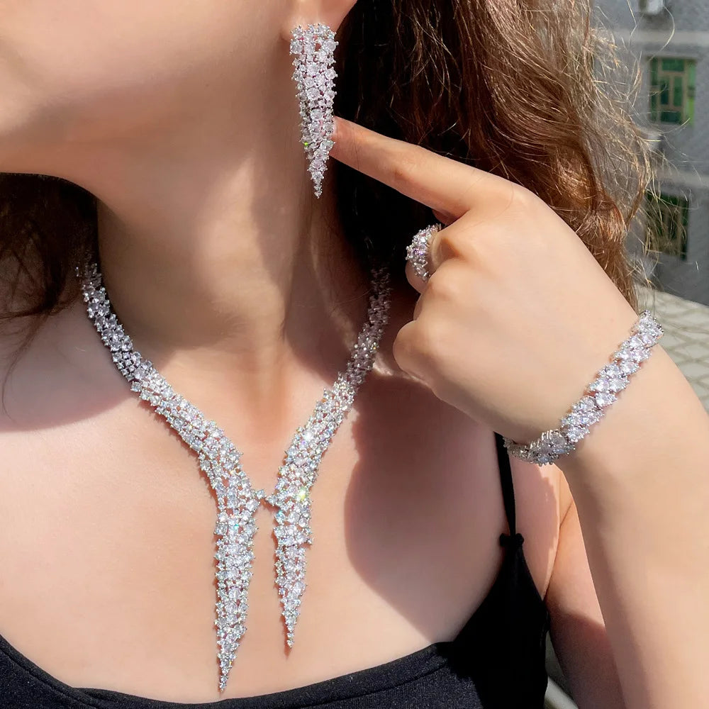 Maxy 4Pcs Brilliant Dubai CZ Heave Stonework Big Luxury Dinner Party Wedding Bridal Costume Jewelry Sets for Women T663