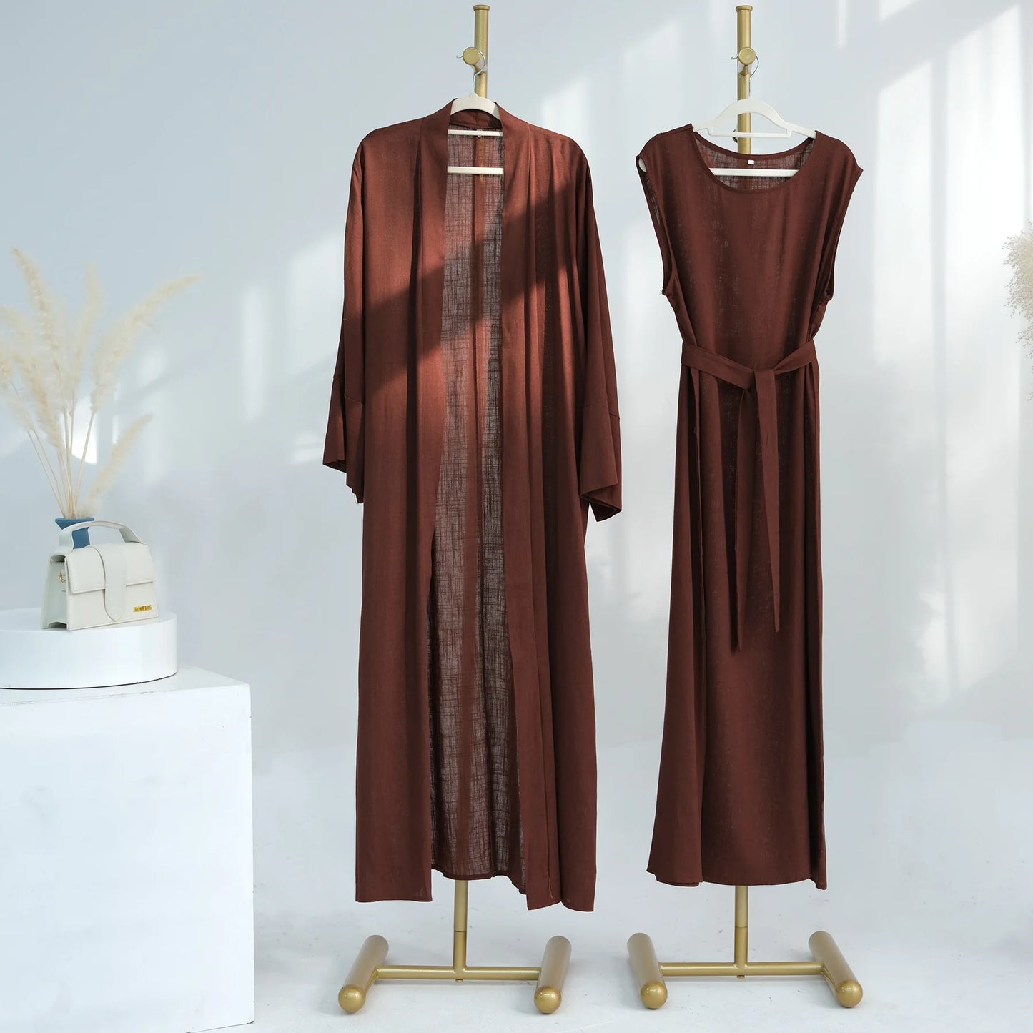 Maxy 2pcs Open Abaya Muslim Women Kimono Inner Dress Set Turkey Islamic Arab Robe Dubai Caftan Jalabiya Eid Ramadan Outfits Gown