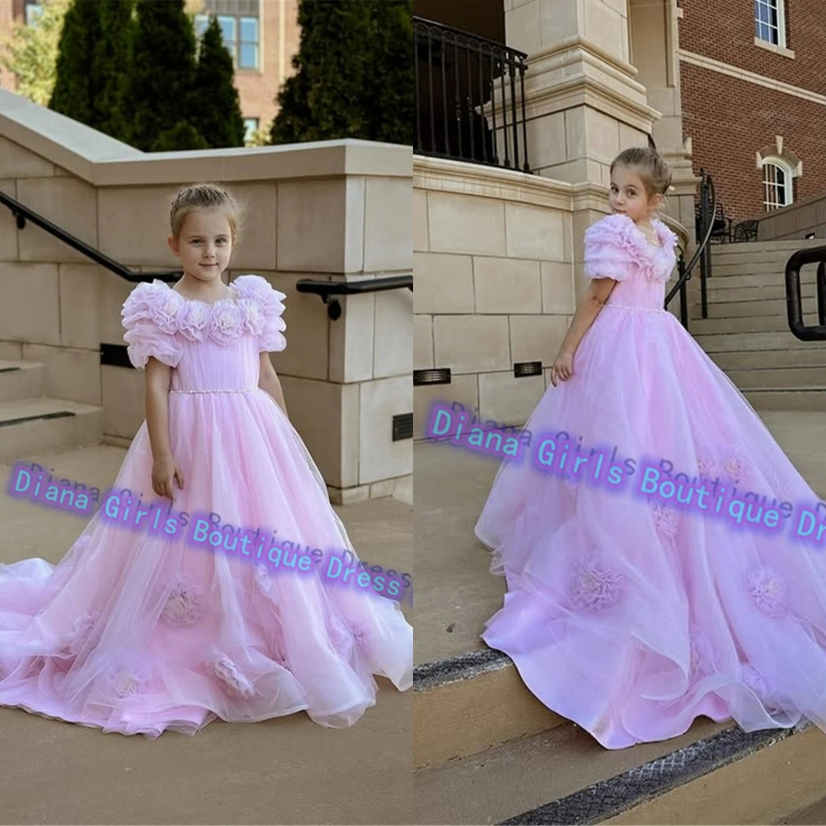 Maxy Princess Lovely Pink Flower Girl Dress Tulle Fluffy Wedding Dresses Appliqued Tiered Princess Little Girls Birthday Party Customise Gowns