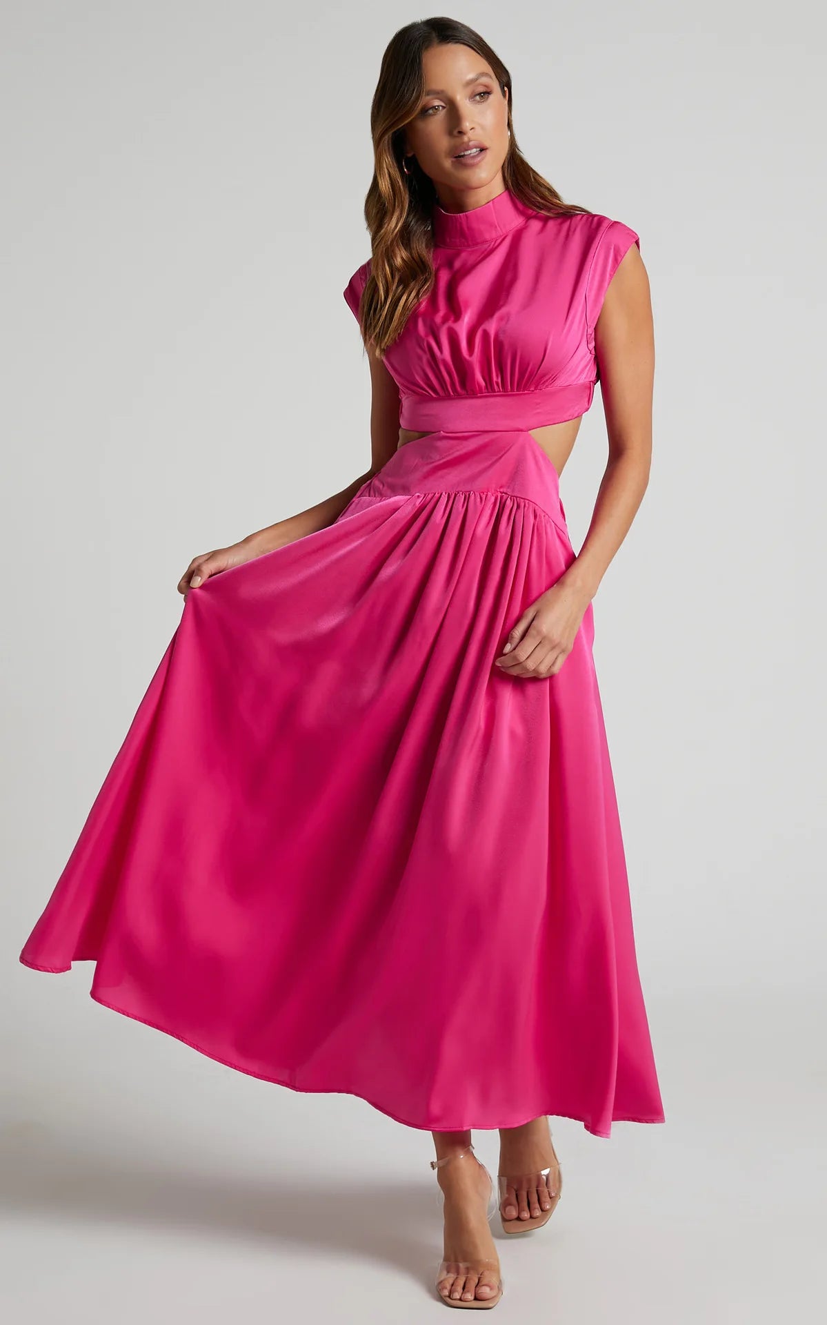 Maxy Summer Solid Color Sleeveless Dresses Women Temperament Elegant Stand Collar Hollow Out A-line Long Dress Ladies Trendy Vestidos