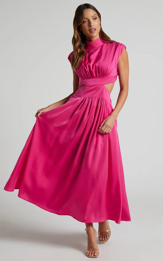 Maxy Summer Solid Color Sleeveless Dresses Women Temperament Elegant Stand Collar Hollow Out A-line Long Dress Ladies Trendy Vestidos