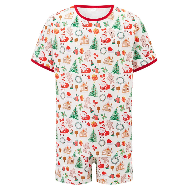 Family Matching Christmas Pajama Set Gingerbread Print Short Sleeve Tops Elastic Waist Shorts