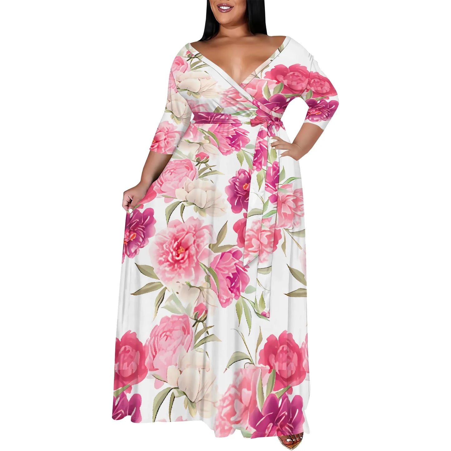 Maxy Plus Size White Wrap Dress Pink Flower Print Belted V Neck Summer Holiday Style