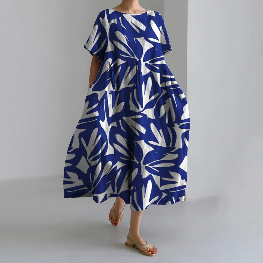 Maxy Summer New Bohemian Casual Dresses Vintage Women's Cotton Printed Dresses Womens Floral Long Dresses Round Neck Pullover Dresses
