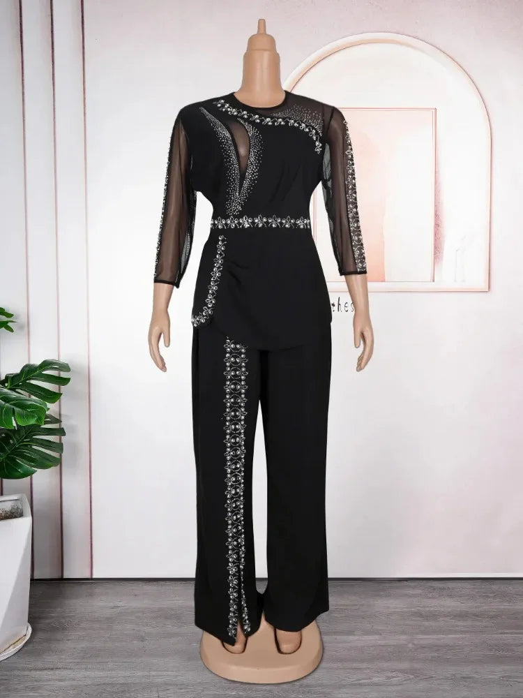 Maxy Clothes for Women 2 PCS Autumn Elegant 3/4 Sleeve Top Long Pant Matching Sets Outfits Dashiki Africa Clothing L-3XL