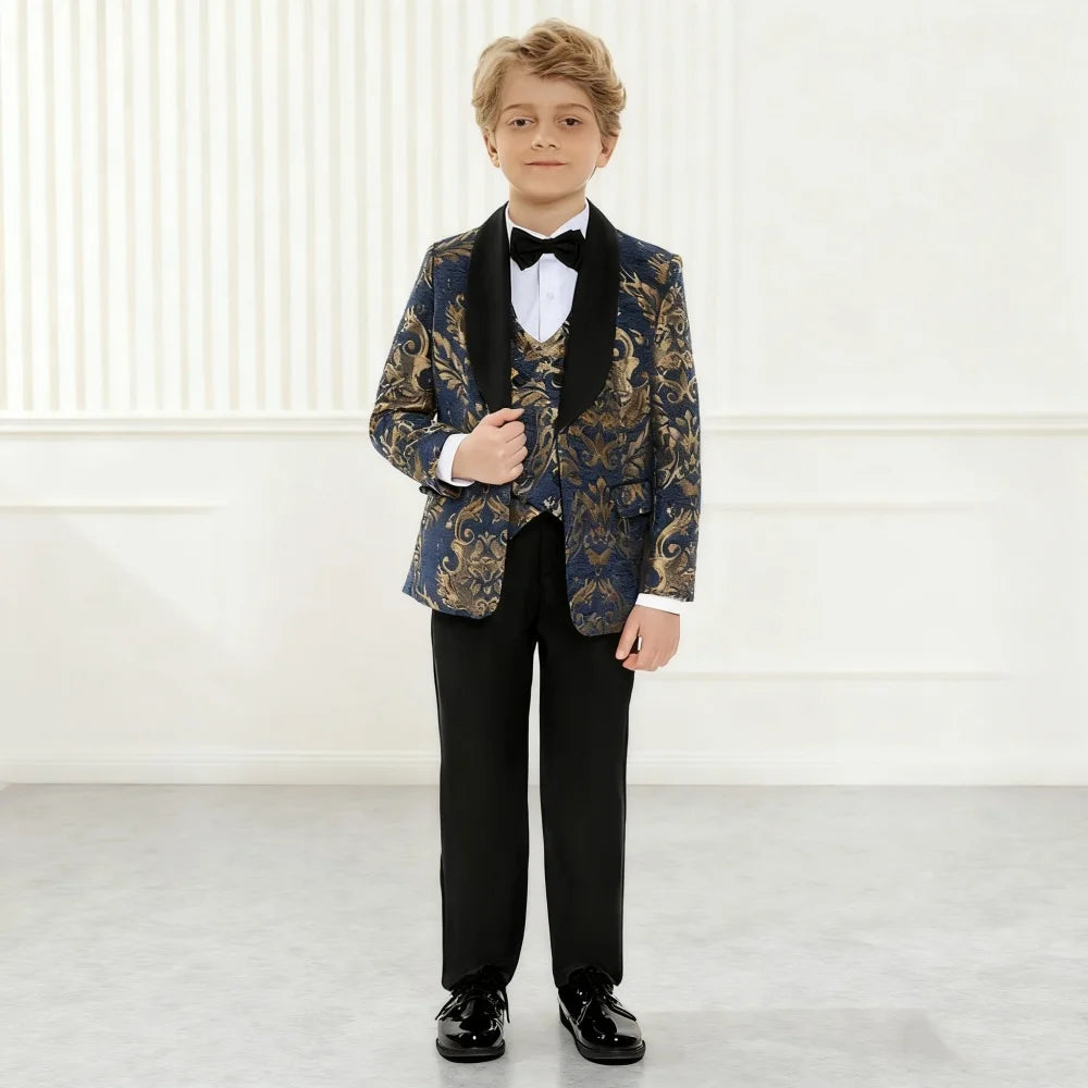 Visco Handsome Boys' Evening Dresses, Boys' Costume Suit, Children's Wedding Suit For Boys, Navy Blue Floral Blazer, Kids' Prom Suits