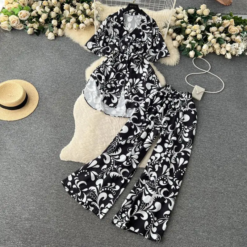 Maxy Fashion Floral Two Piece Set For Women Print Short Sleeve Lapel Tops+High Waist Wide Leg Pants 2 Pieces Sets Summer Suit