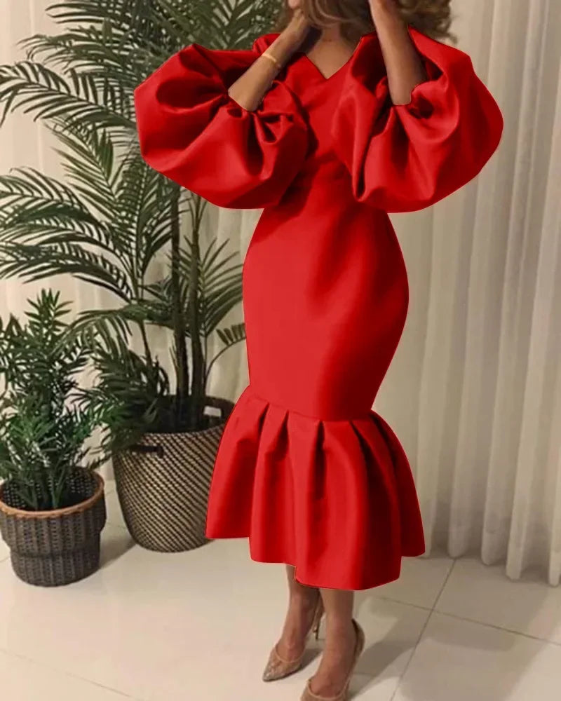 Maxy Plus Size Casual Elegant Fashionable Women's Fashion Solid Color V-Neck Bubble Long Sleeved Fishtail Dress Party Evening Dress