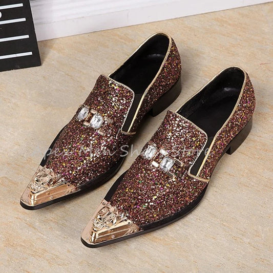 Visco Genuine Leather Rhinestone Sequin Men's Loafers Slip On Metal Pointed Bling British Dress Shoes Trendy Versatile Wedding Shoes