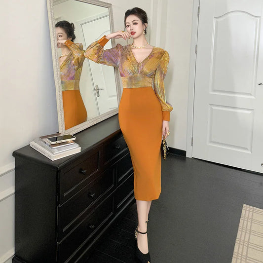 Maxy Office Women Bubble Sleeve Mid-Length Dress 2024 Spring New Temperament V-neck Stitching High Waist Sheath Fake Two Pieces Dress