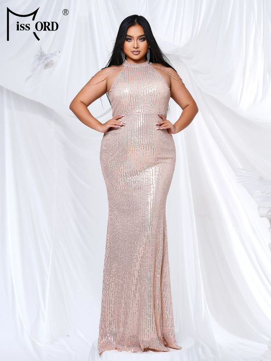Maxy New Plus Size Golden Round Neck Sequin Mermaid Evening Gown Bride Wedding Birthday Party Cocktail Graduation Dress