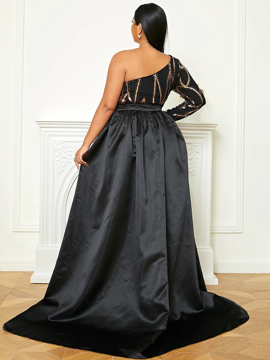 Maxy Black Sequin Plus Size Evening Dresses Elegant Women One Shoulder Long Sleeve Belt Maxi Party Prom Dress With Train Gown