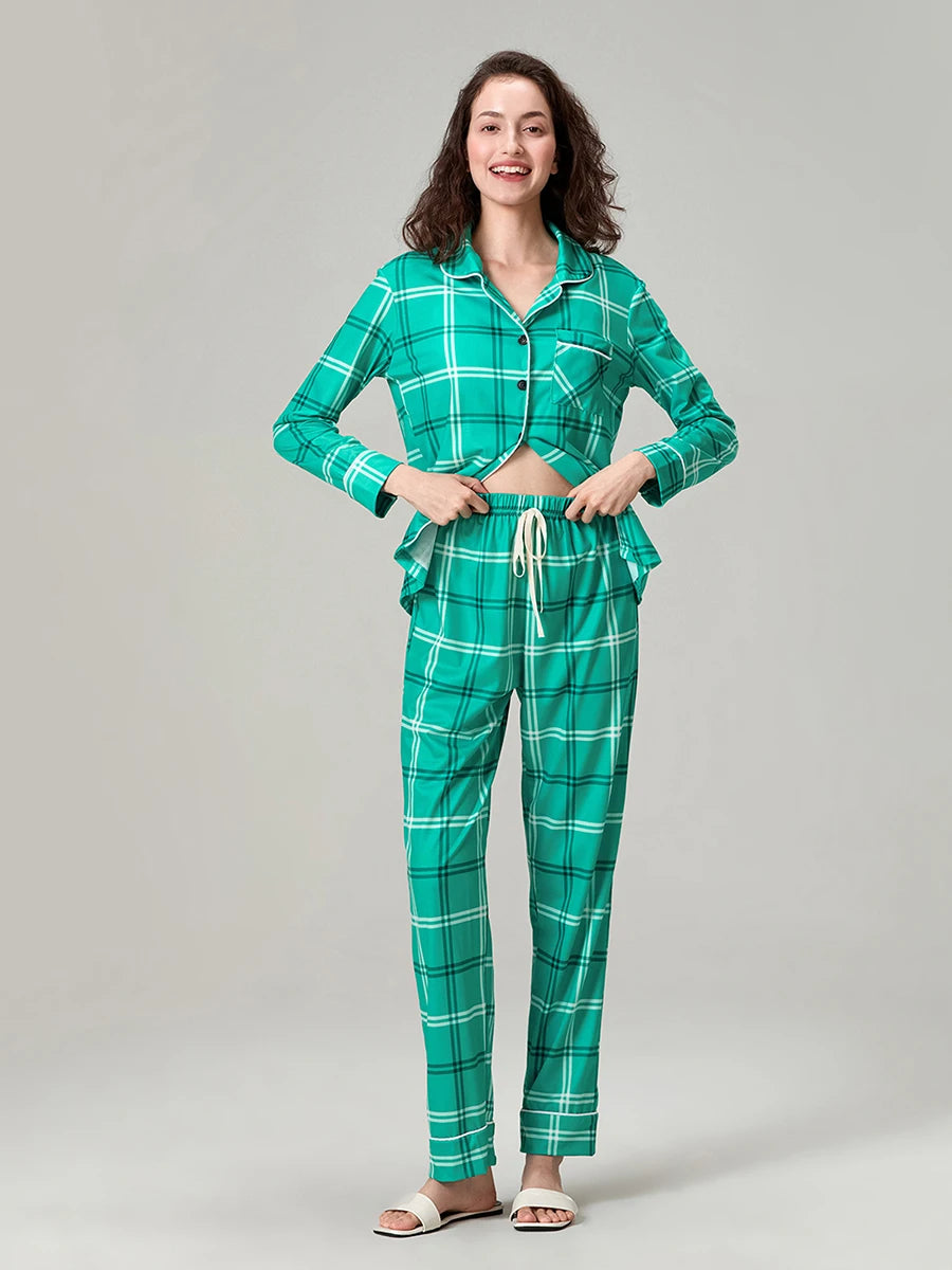 Christmas Family Pajamas Matching Set Plaid Print Long Sleeve Tops and Drawstring Pants Sleepwear