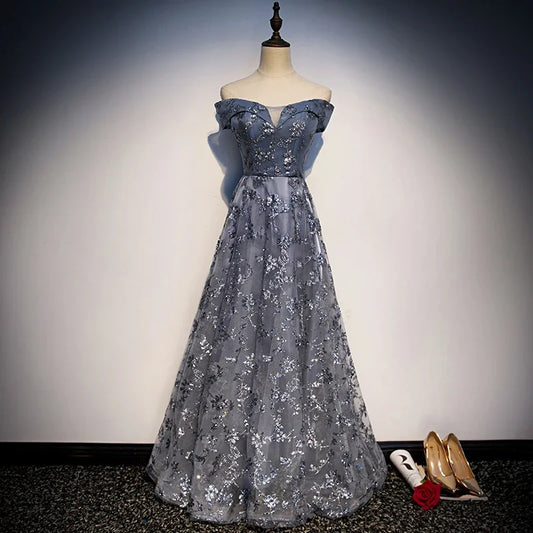 Maxy Customized Evening Dresses Burgundy Bling Tulle A-line Floor-length Off the Shoulder Plus size Woman Party Formal Gown