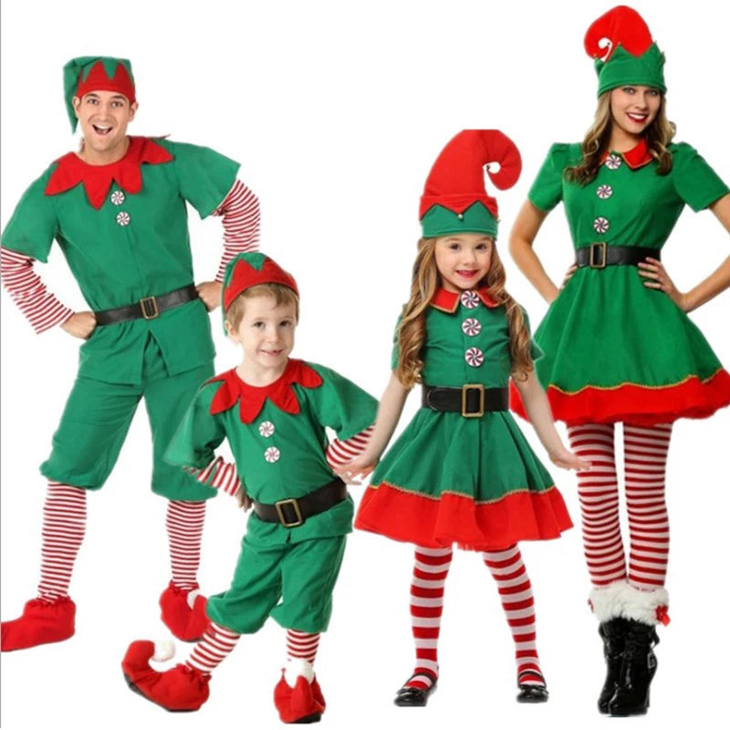 Max Christmas Santa Claus Costume Green Elf Cosplay Family Carnival Party New Year Fancy Dress Clothes Set For  Girls Boys