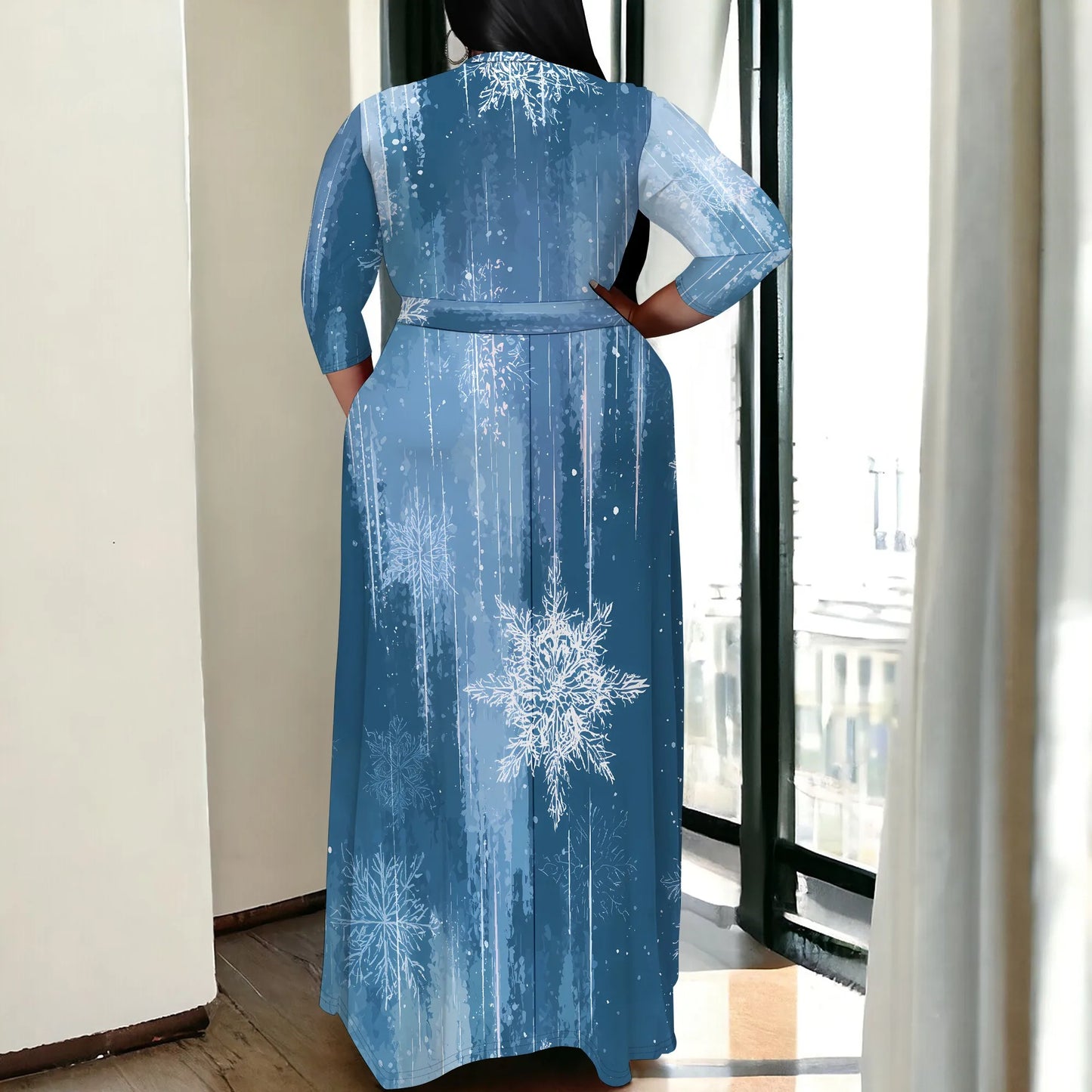 Maxy Plus Size Women's 3/4 Sleeve V-Neck Snowflake Print Wrap Maxy Dress Winter Elegant Party Dress