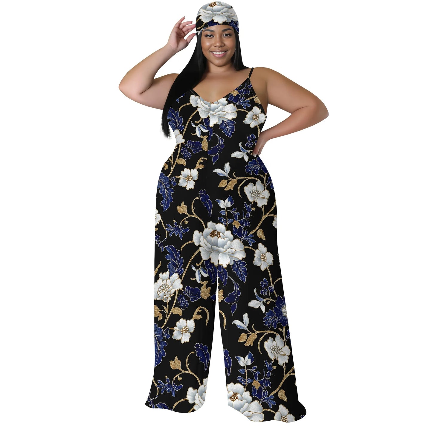 Maxy Luxurious Floral Halter V-Neck Maxy Dress - Women's Elegant Chic Party Resortwear Evening Beachwear Summer (with headscarf)