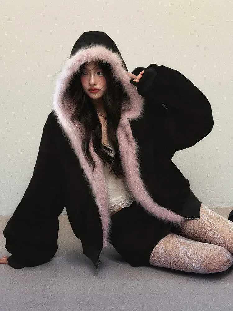 Maxy New Winter American Retro Pink Fur Hooded Workwear Thickened Short Jacket Skirt Two-piece Suit for Women
