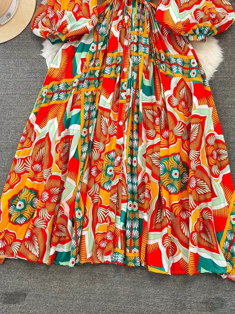 Maxy New Spring Autumn Retro Print Pleated Long Dress Femininity Small Stand-up Collar Puff Sleeve Slim Holiday Dress A116