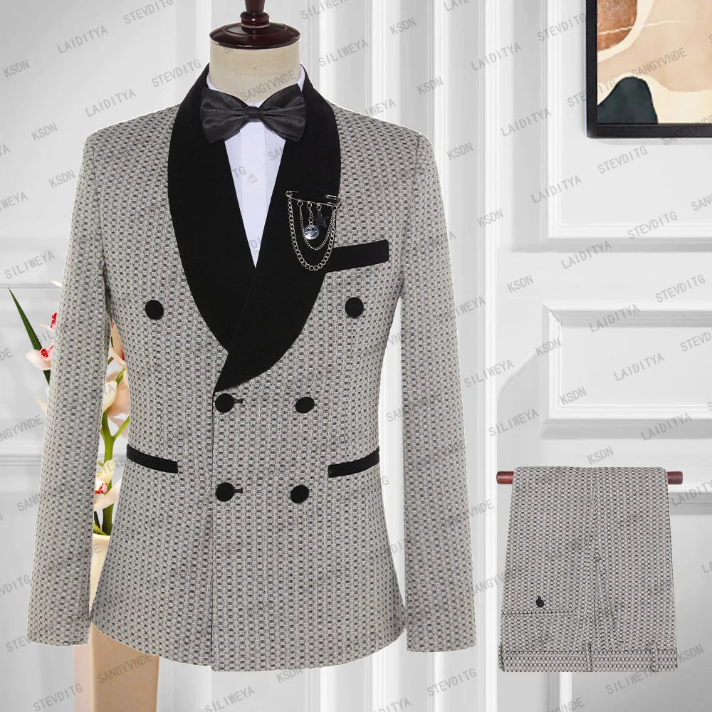 Maxy Fashion New Men's Business Double Breasted Suit Khaki Black Velvet Lapel Polka Dots Slim Fit Wedding 2 Pcs Set Jacket Pants
